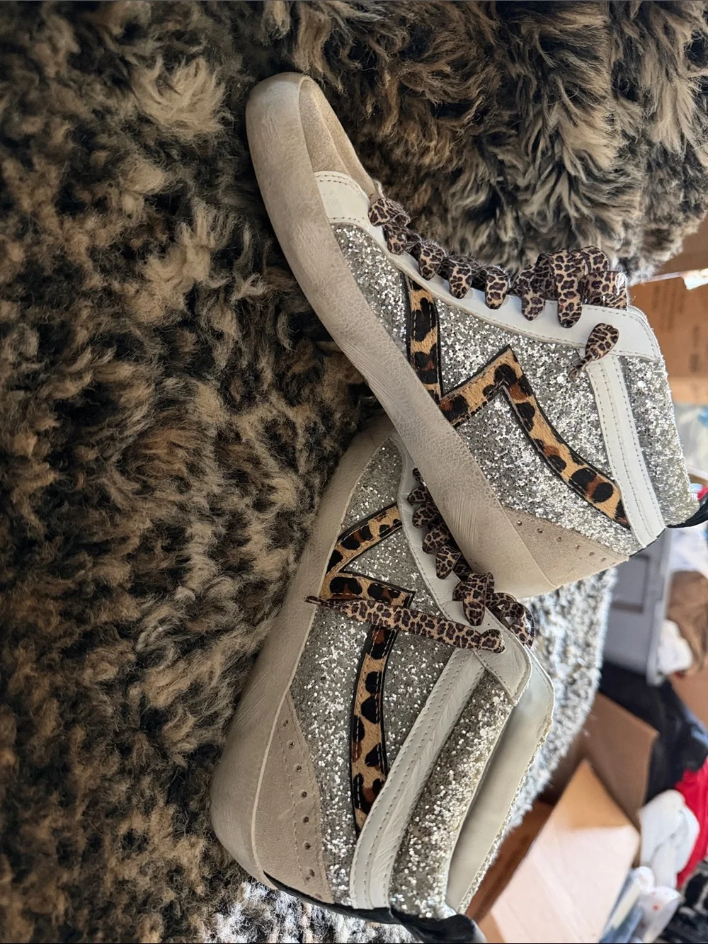 Gianni Bini Silver Glitter Sneakers with Leopard Trim